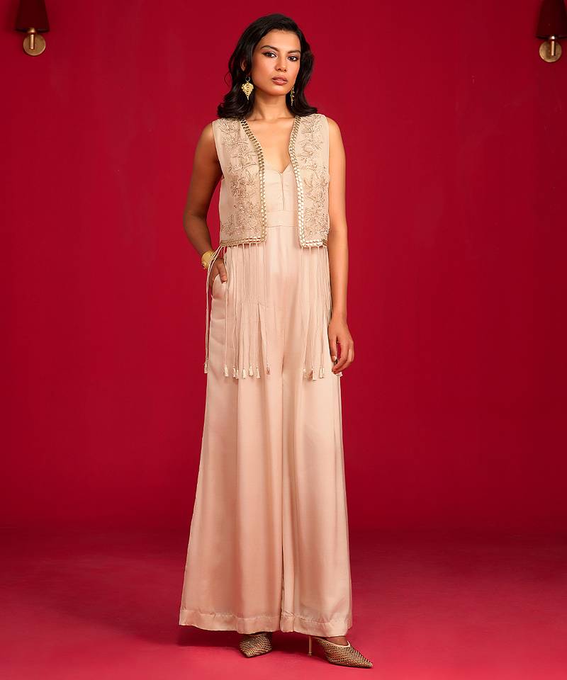 Beige embroidered satin co ord set with Jacket