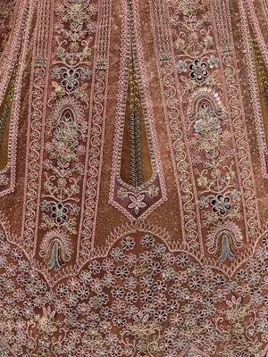 peach dori embroidered work net lehenga set choli with dupatta 6