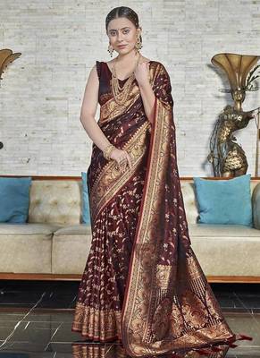 Dark Maroon Faux Banarasi Jaal Katan Silk Zari Woven Saree 1