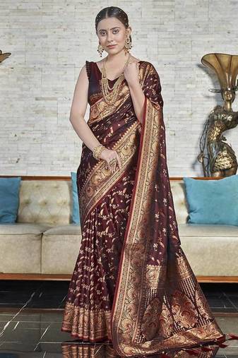 Dark Maroon Faux Banarasi Jaal Katan Silk Zari Woven Saree