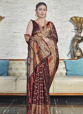 Dark Maroon Faux Banarasi Jaal Katan Silk Zari Woven Saree 2