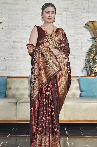 Dark Maroon Faux Banarasi Jaal Katan Silk Zari Woven Saree