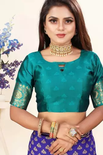 	Blue Banarasi Silk Blend Saree With Blouse