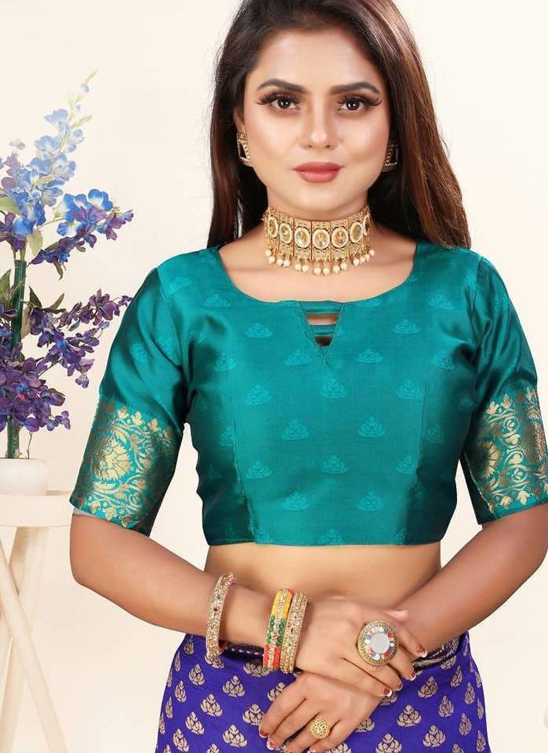 	Blue Banarasi Silk Blend Saree With Blouse