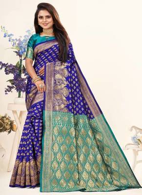 	Blue Banarasi Silk Blend Saree With Blouse 2