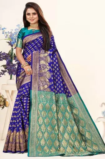 	Blue Banarasi Silk Blend Saree With Blouse