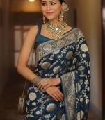 Dark Blue Woven Silk Blend Kanjivaram Saree With Blouse