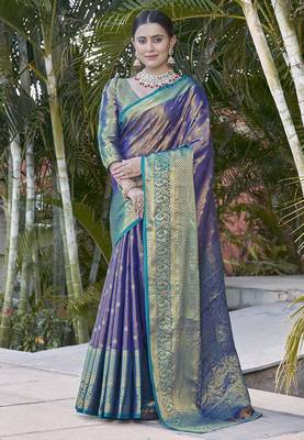	Navy Blue Faux Kanchipuram Tissue Silk Traditional Zari Woven Saree 1
