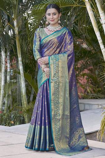 	Navy Blue Faux Kanchipuram Tissue Silk Traditional Zari Woven Saree