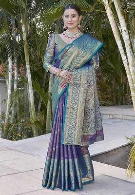 	Navy Blue Faux Kanchipuram Tissue Silk Traditional Zari Woven Saree 2
