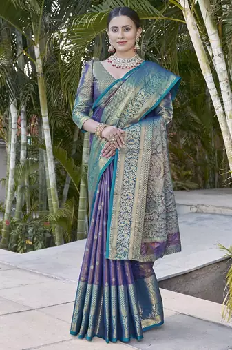 	Navy Blue Faux Kanchipuram Tissue Silk Traditional Zari Woven Saree