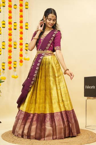 Yellow Embroidered Satin lehenga choli