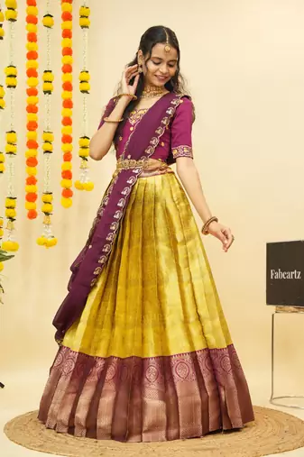 Yellow Embroidered Satin lehenga choli