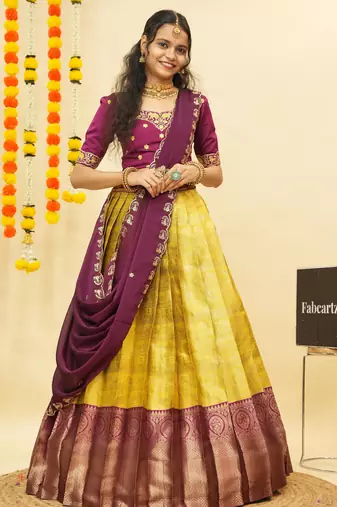 Yellow Embroidered Satin lehenga choli
