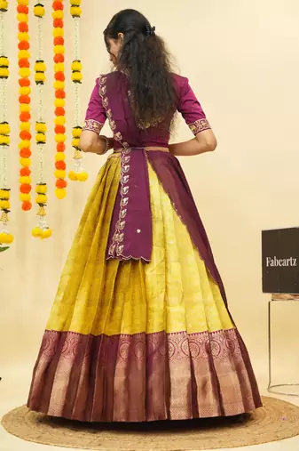 Yellow Embroidered Satin lehenga choli