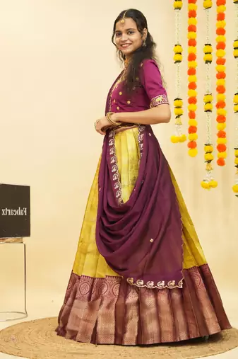 Yellow Embroidered Satin lehenga choli