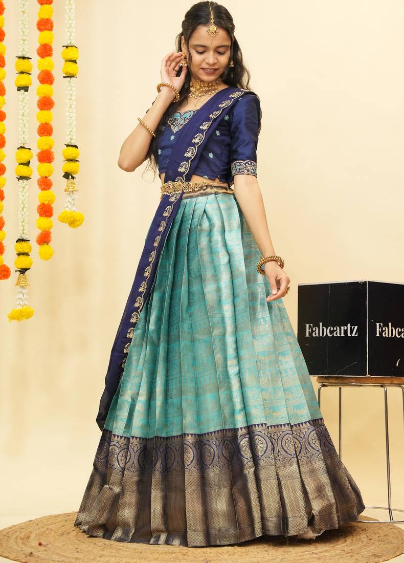Blue Embroidered Satin lehenga choli
