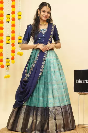 Blue Embroidered Satin lehenga choli