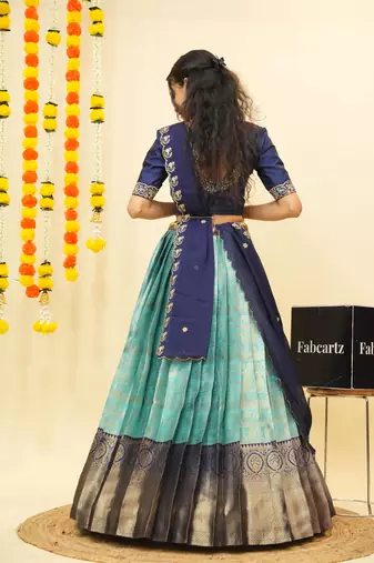 Blue Embroidered Satin lehenga choli