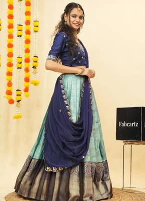 Blue Embroidered Satin lehenga choli 4