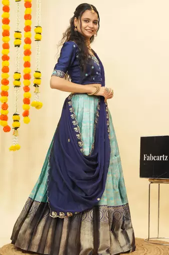 Blue Embroidered Satin lehenga choli