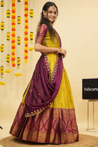 Yellow Embroidered Art Silk lehenga choli