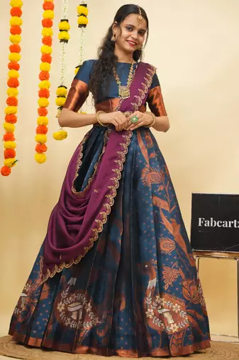 Turquoise Embroidered Art Silk lehenga choli