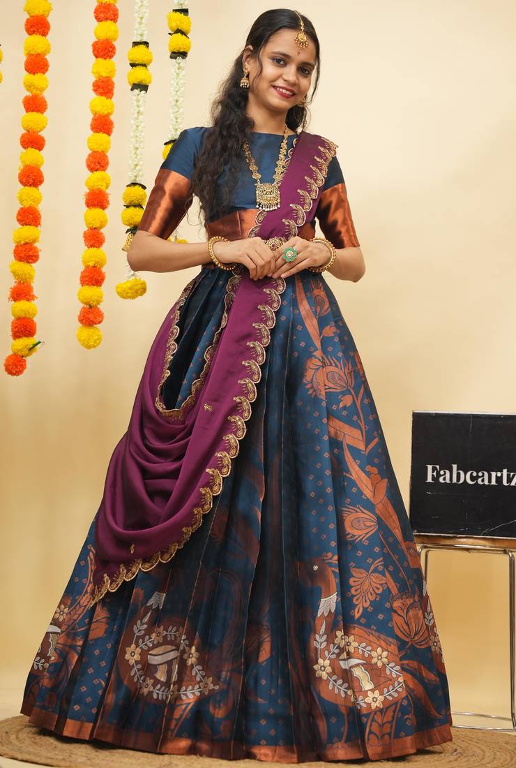 Turquoise Embroidered Art Silk lehenga choli