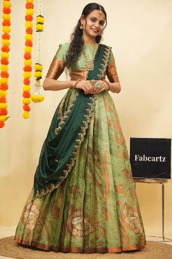Green Embroidered Art Silk lehenga choli