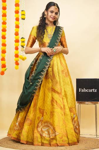 Yellow Embroidered Art Silk lehenga choli