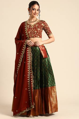 Green Embroidered Satin lehenga choli