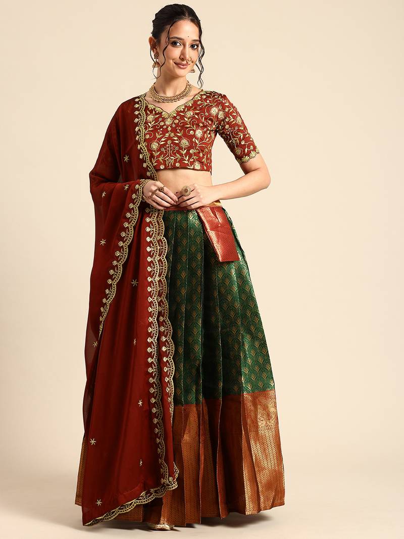 Green Embroidered Satin lehenga choli