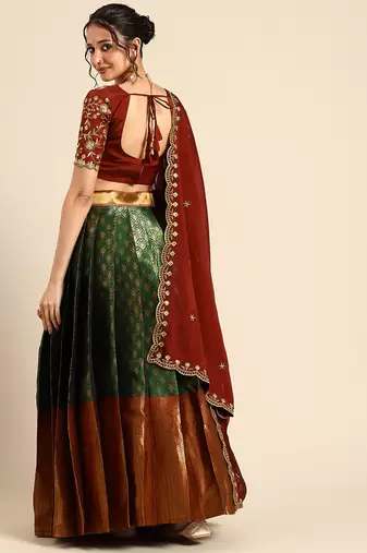 Green Embroidered Satin lehenga choli
