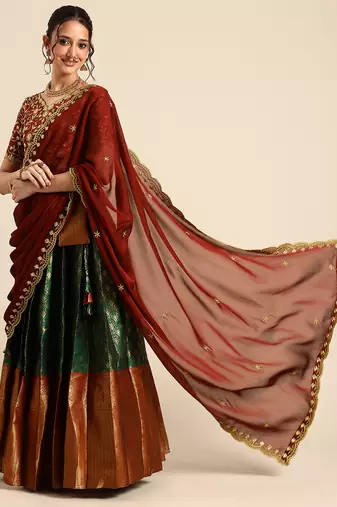 Green Embroidered Satin lehenga choli