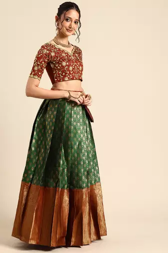 Green Embroidered Satin lehenga choli