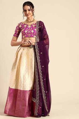 Beige Embroidered Satin lehenga choli