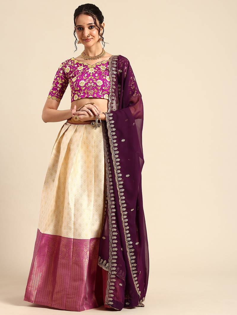 Beige Embroidered Satin lehenga choli