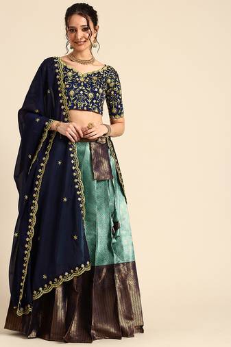 Blue Embroidered Satin lehenga choli