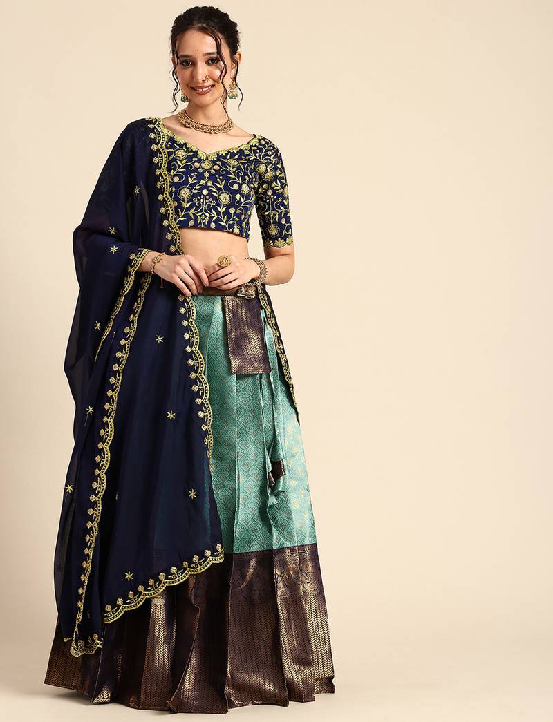 Blue Embroidered Satin lehenga choli