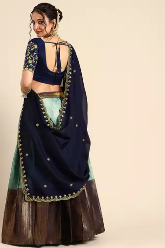 Blue Embroidered Satin lehenga choli