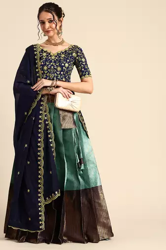 Blue Embroidered Satin lehenga choli