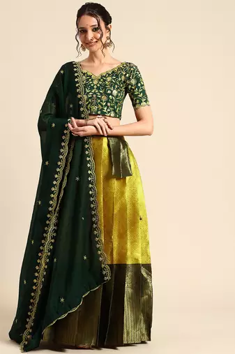 Yellow Embroidered Satin lehenga choli