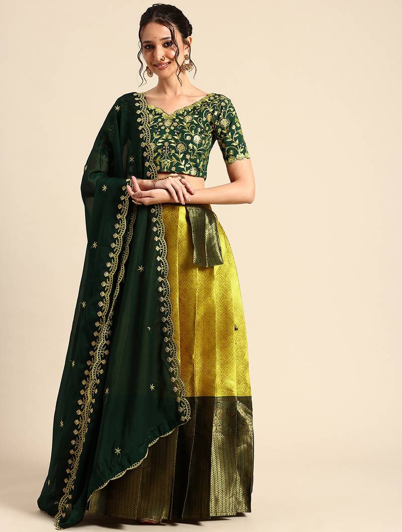 Yellow Embroidered Satin lehenga choli