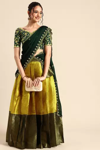 Yellow Embroidered Satin lehenga choli