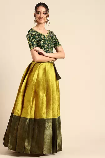 Yellow Embroidered Satin lehenga choli