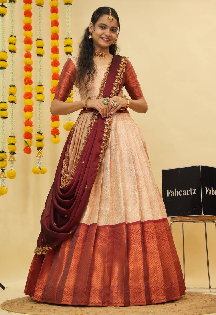 Beige Embroidered Art Silk lehenga choli