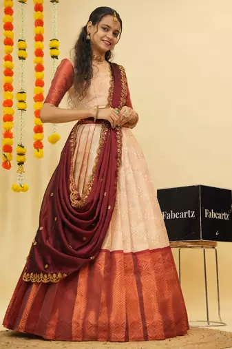 Beige Embroidered Art Silk lehenga choli