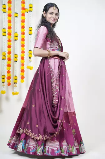 Pink Embroidered Art Silk lehenga choli