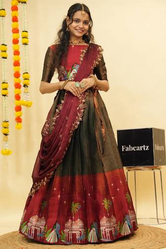 Green Embroidered Art Silk lehenga choli