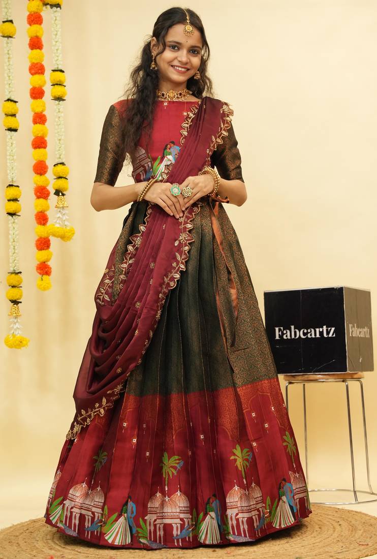 Green Embroidered Art Silk lehenga choli